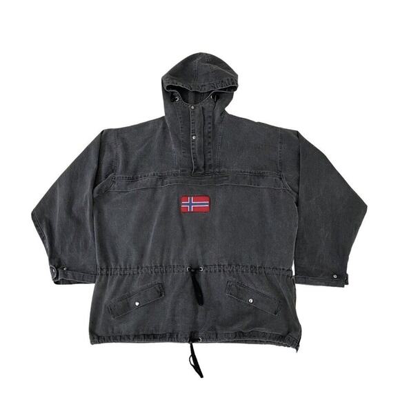 J.Peterman Norway Flag Pullover Denim Parka Jacket Vintage 90s Black XL Men